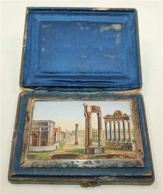 A late 19th century Italian micro-mosaic plaque, 2 x 2.75in., fitted leather case